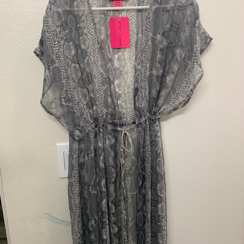 Betsey Johnson Grey Snake-Print Sheer Kimono